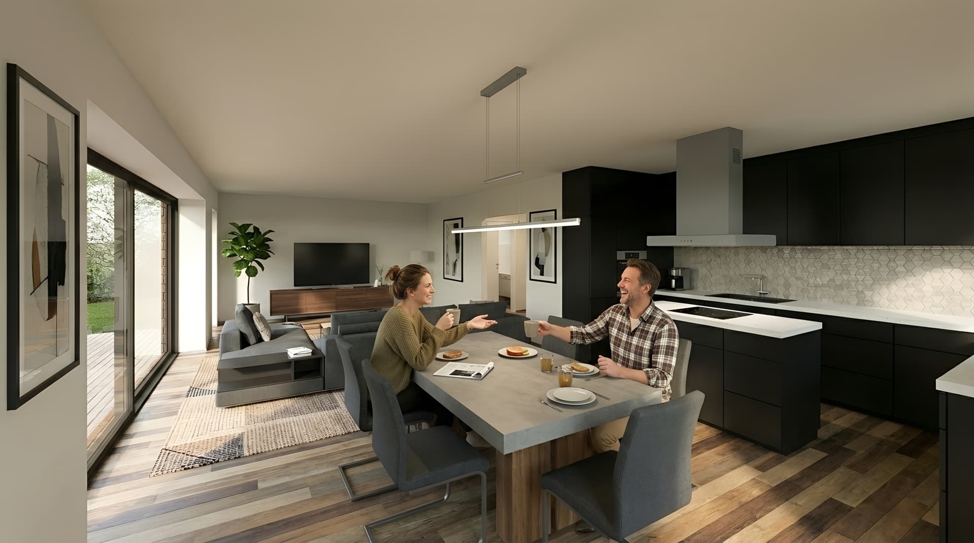 Visualisierung des Wohn- und Essbereichs