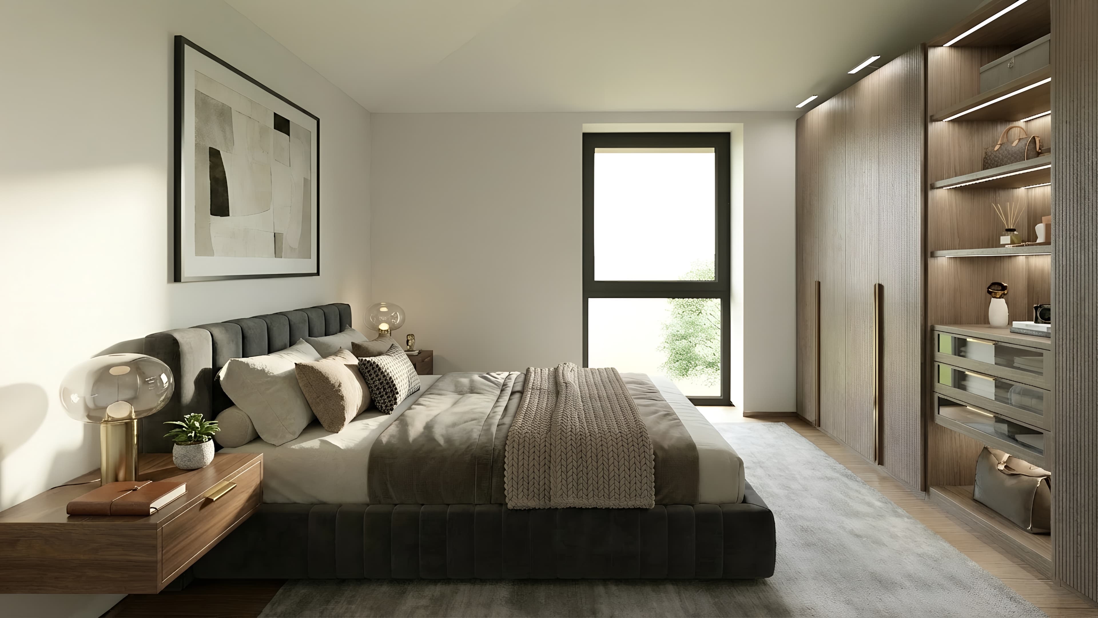 Das helle Schlafzimmer besticht durch ein modernes Design, einen begehbaren Kleiderschrank und eine ruhige Atmosphäre