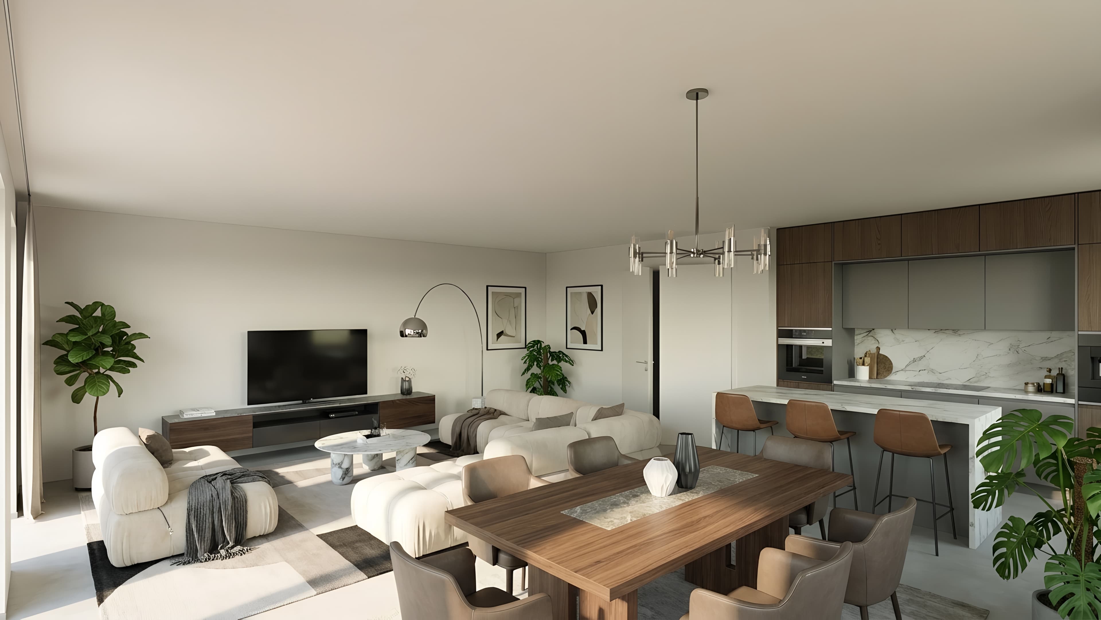 Das helle, moderne Wohnzimmer mit offener Küche besticht durch stilvolles Design und einladende Atmosphäre