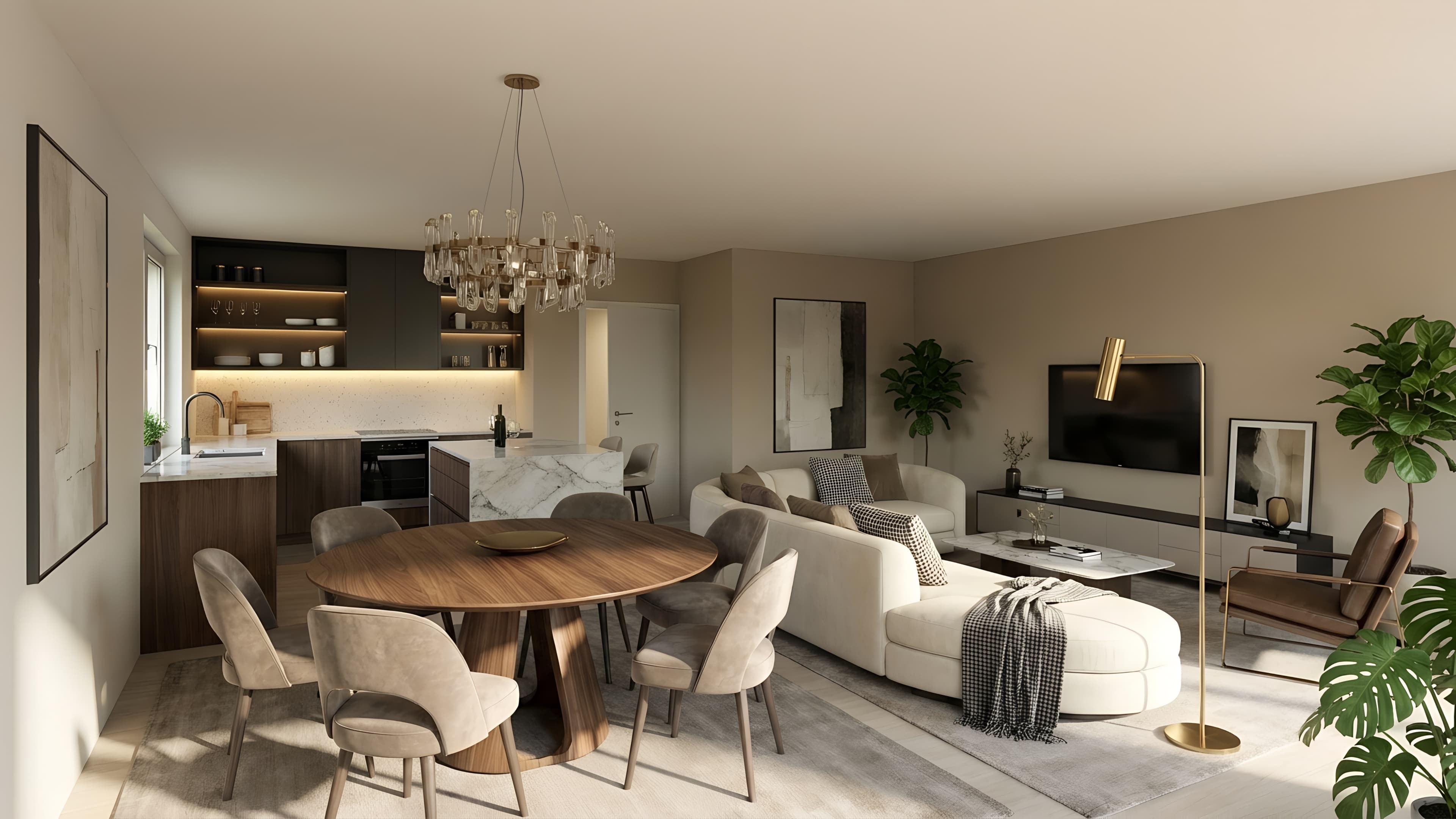 Das helle, moderne Wohnzimmer mit offener Küche besticht durch edle Materialien und eine einladende Atmosphäre