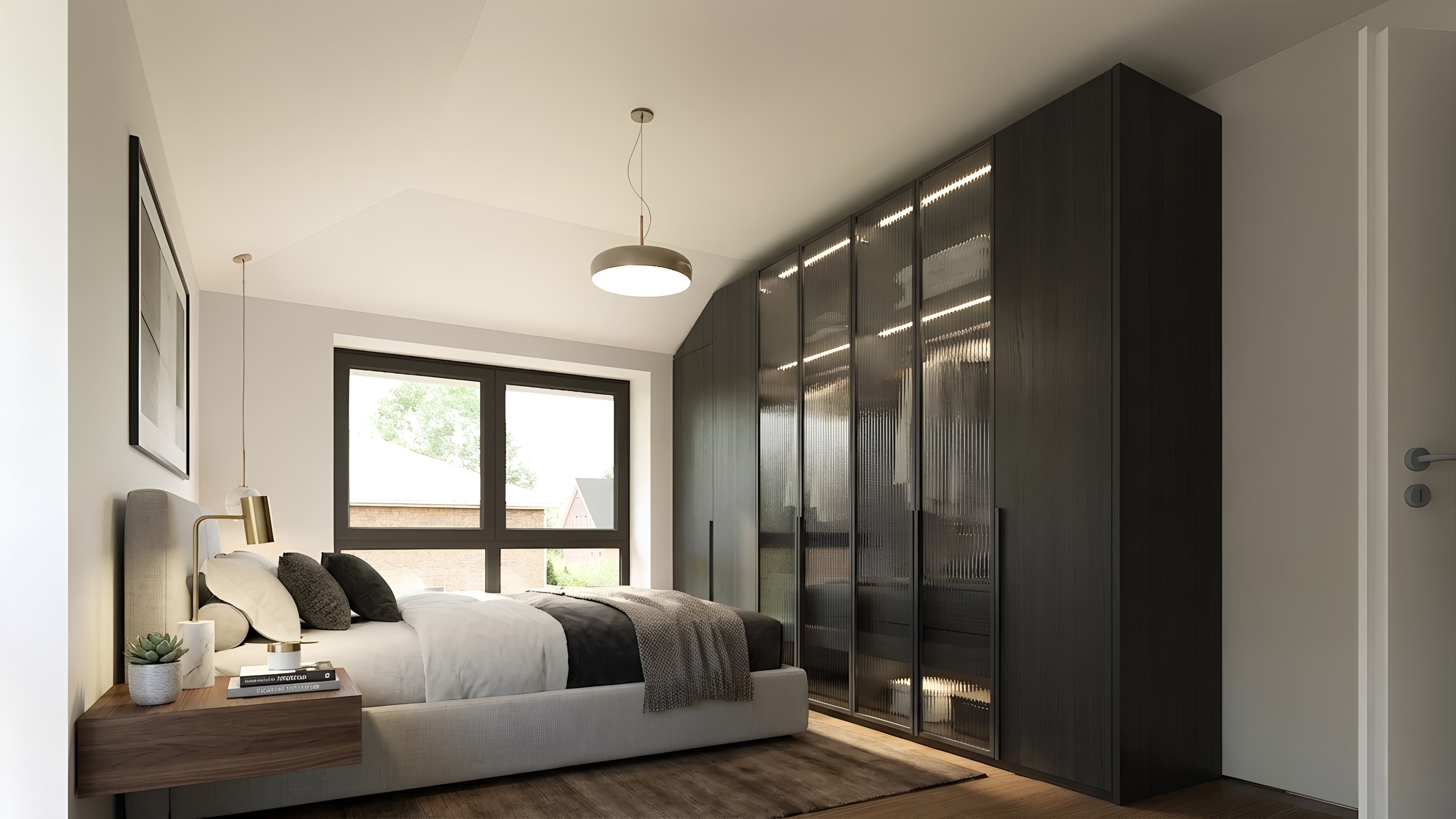 Das Schlafzimmer wirkt modern und ruhig, mit einem großen Fenster und einem eleganten, dunklen Kleiderschrank