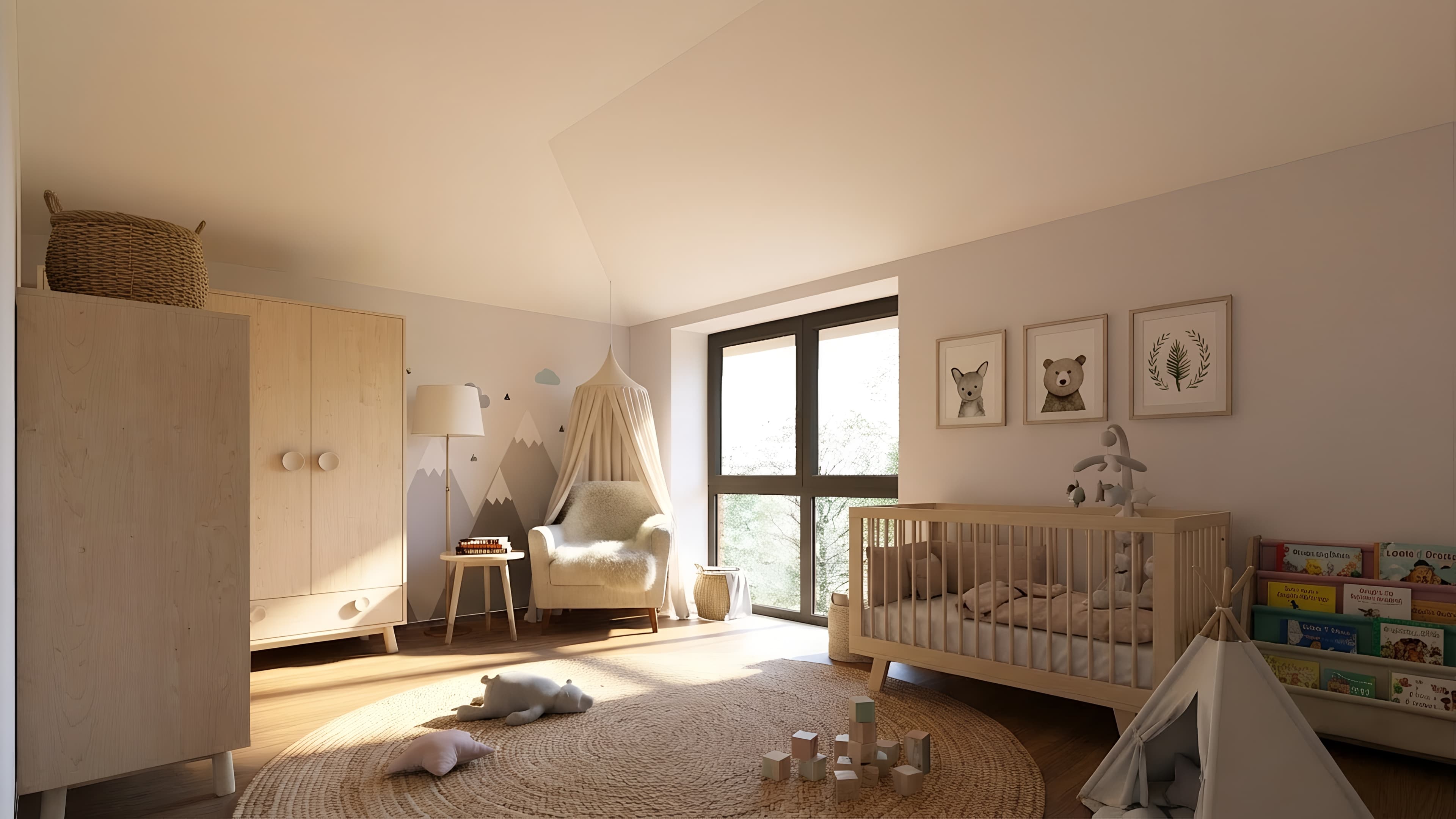 Das helle, freundliche Kinderzimmer mit Holzbett, Teppich und Spielsachen strahlt Geborgenheit aus