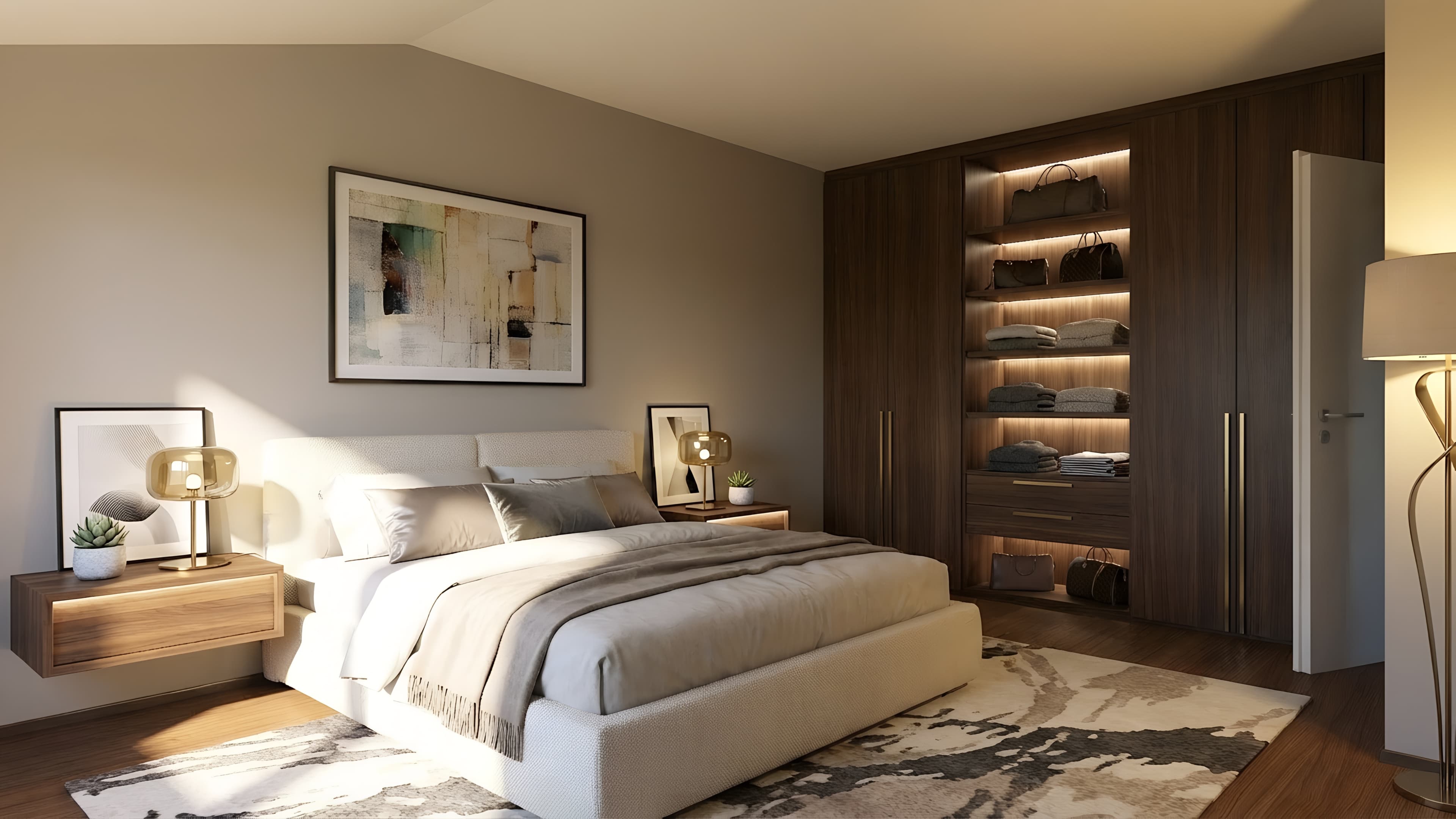 Das Schlafzimmer besticht durch einen begehbaren Kleiderschrank und eine warme, einladende Atmosphäre