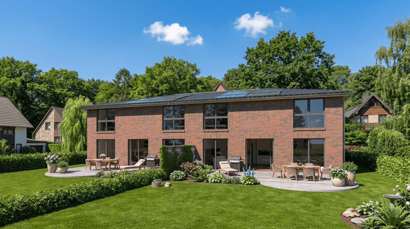 Die Hausrückseite mit Terrasse und Garten strahlt eine einladende, moderne und grüne Atmosphäre aus