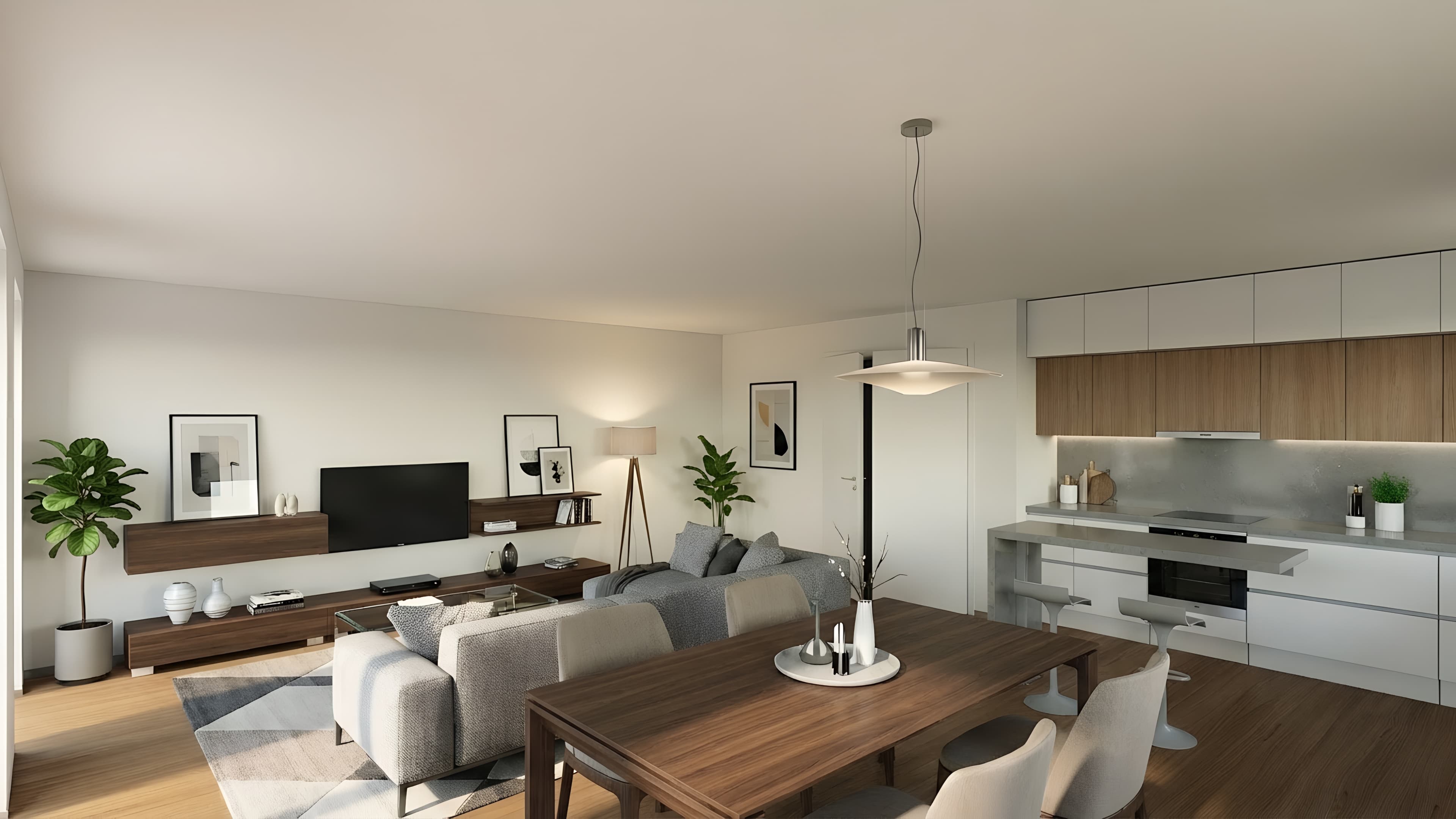 Helles Wohnzimmer mit offener Küche, Holztisch und gemütlicher Atmosphäre